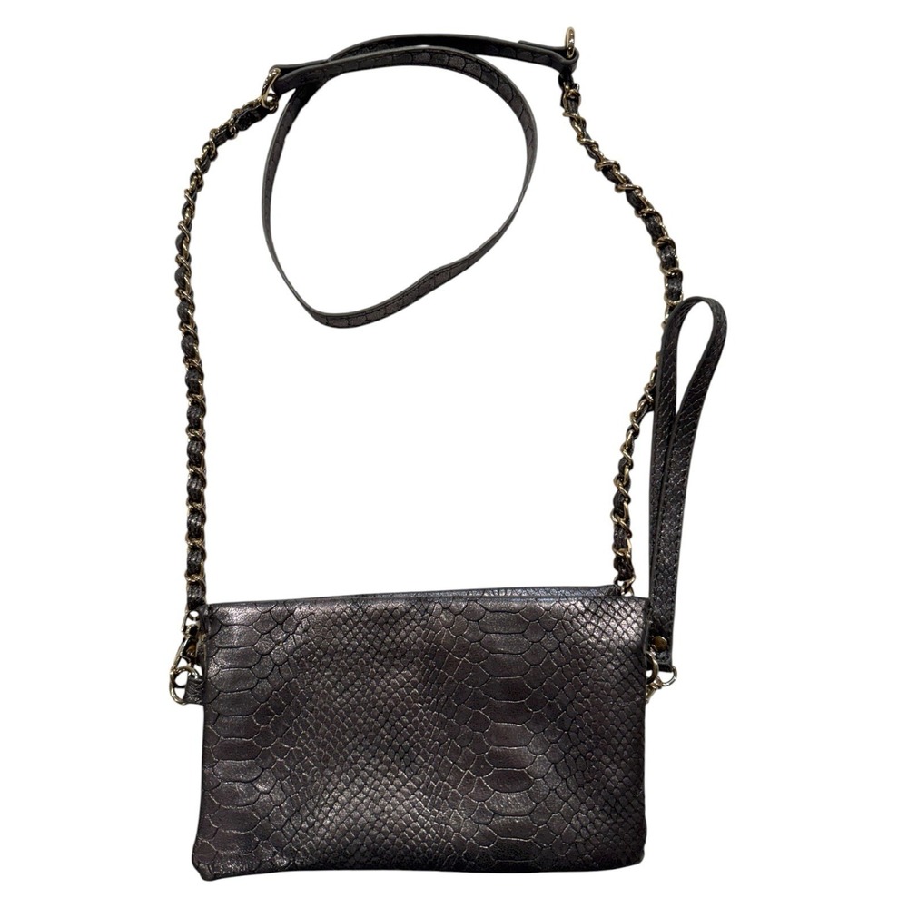 Big Buddha Metallic Grey Snakeskin Embossed Triple Zip Crossbody Clutch Bag